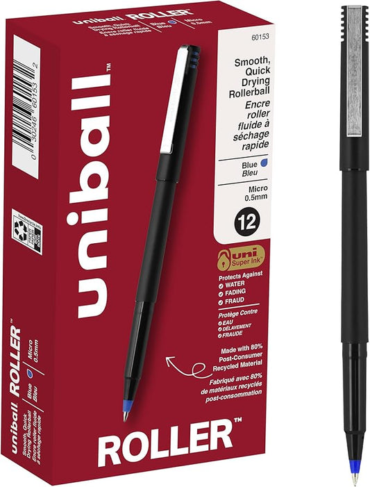 uni Roller Ball Stick Pens, 0.5 mm Micro Tip, Blue, Pack of 12