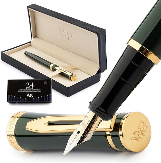Wordsworth & Black Fountain Pen Set, 18K Gilded Broad Nib, Includes 24 Pack Ink Cartridges, Ink Refill Converter & Gift Box, Gold Finish, Calligraphy, [Racing Green], Perfect for Men & Women