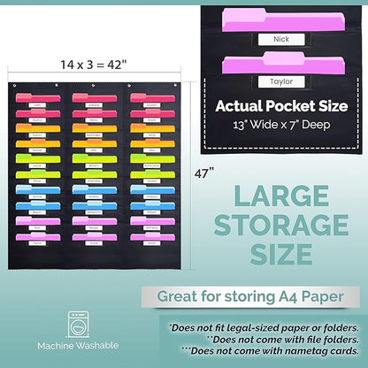 Hippo Creation Heavy Duty Storage Pocket Chart for Classroom, 30 Pocket Storage Organizer with 5 Over-Door Hangers, Hanging Wall Organizer for File Folders, School Mailbox, Home Office Papers - Black
