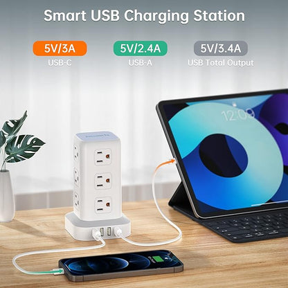 Tower Surge Protector Power Strip with 12 Outlets 4 USB (1 USB C), 6.5Feet Extension Cord with Multiple Outlets, Charging Station, Power Strip Tower, Office Desk Supplies