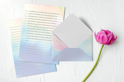Better Office Products Mini Stationery Set, 100 Piece Set (50 Lined Watercolor Sheets + 50 Matching Envelopes), 5.5 x 8.25 inch, 12 Unique Designs, Double Sided Printing, One Side Lined Paper,