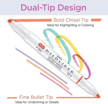 Zebra Pen 78108 Mildliner Double Ended Highlighter Set, Broad and Fine Point Tips, Assorted Ink Planner Colors, 8-Pack