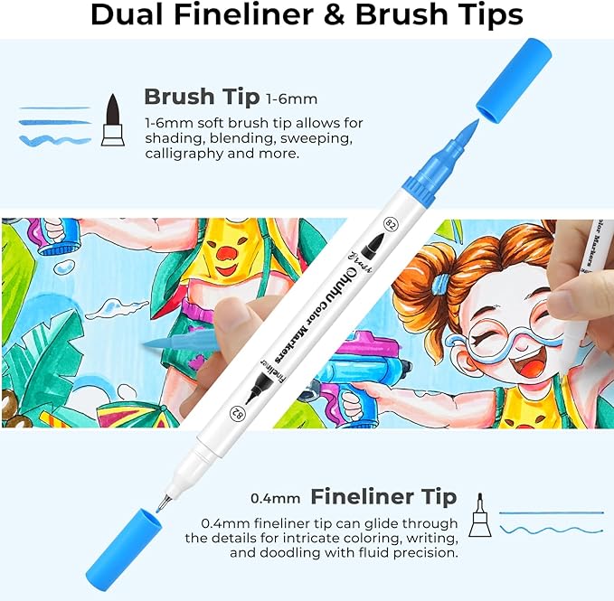 Ohuhu Markers for Adult Coloring Books No Bleeding 60 Colors Coloring Markers Water-based Dual Tips Fineliner & Brush Drawing Pens Art Markers for Kids Adults Sketch Journal - Maui - White