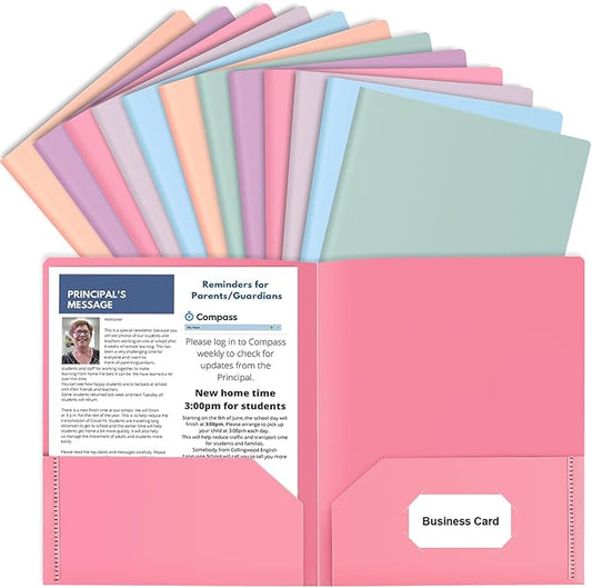 HABGP 12 Pack Colored File Folders with Pockets and Business Card Holder, Pastel Decorative Pocket Folders for Documents, Cute Plastic Folders for Filing Cabinet, School, Office, Resume Portfolio