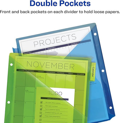 Avery Dividers for 3 Ring Binders, 5-Tab Sets, Two-Pocket Plastic Binder Dividers with Tabs, Multicolor, 24 Sets (11906)