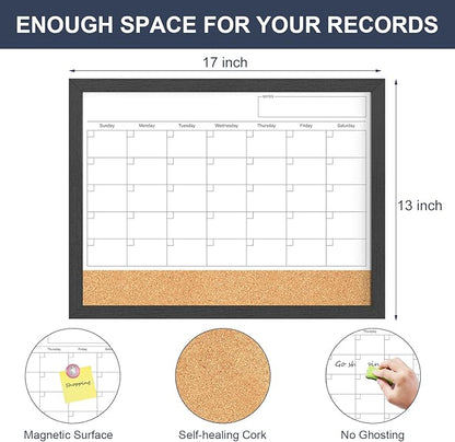 Dry Erase Calendar for Wall, 17"x13" Dry Erase Calendar Cork Board Combo, Magnetic Small White Board with Wood Framed, Hanging Dry Erase Board for Planner Office Kitchen Home Memo