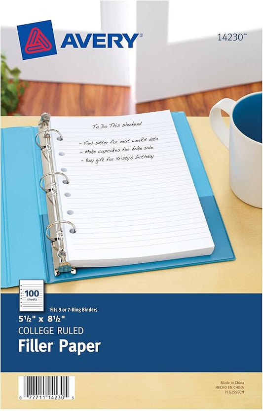 Avery Mini Binder Filler Paper for 3 Ring Binders or 7 Ring Binders, College Ruled, 5.5" x 8.5", 100 Sheets per Pack, 6 Packs, 600 Sheets Total (14230)