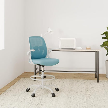Primy Drafting Chair Tall Office Chair with Flip-up Armrests Executive Ergonomic Computer Standing Desk Chair with Lumbar Support and Adjustable Footrest Ring（Blue）