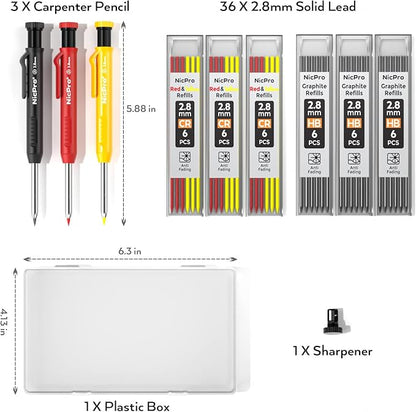 Nicpro 3 Pack Carpenter Pencil with Sharpener, Mechanical Carpenter Pencils with 39 Refills, Construction Pencil Heavy Duty Woodworking Pencils for Architect (Red, Black, Yellow)- With Case