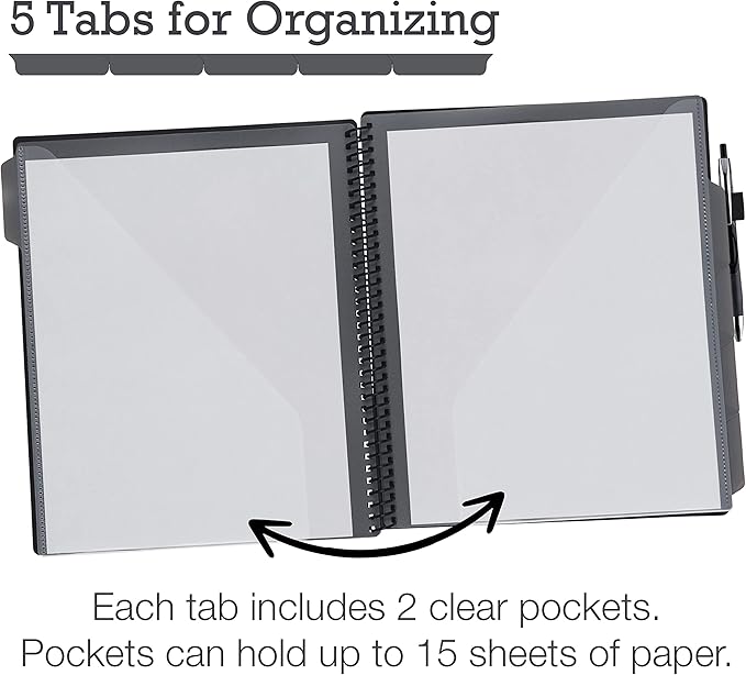 Samsill Deluxe 24 Pocket Spiral Project Organizer with Refillable Notepad Holder, Customizable Front Cover, 12 Dividers with Erasable Write-On Tabs in Gray, Plastic Folders with Pockets