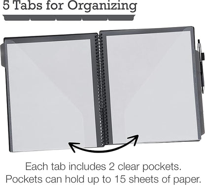 Samsill Deluxe 24 Pocket Spiral Project Organizer with Refillable Notepad Holder, Customizable Front Cover, 12 Dividers with Erasable Write-On Tabs in Gray, Plastic Folders with Pockets