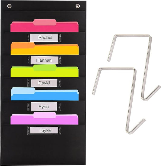 Hippo Creation Heavy Duty Storage Pocket Chart for Classroom, 5 Pocket Storage Organizer with 2 Over-Door Hangers, Hanging Wall Organizer for File Folders, School Mailbox, Home Office Papers - Black