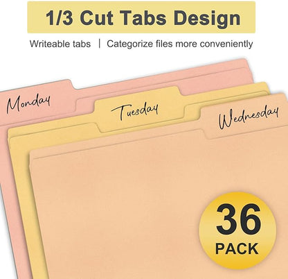 ViVin File Folders, Fits 8.5 x 11 Letter Size Paper, 1/3-Cut Tabs, 36 Pack Manilla Colored File Folders, Perfect for Home, Office, and School Documents File Paper(Assorted)