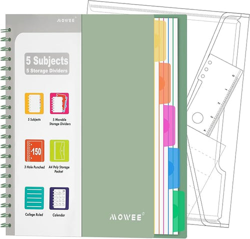 5 Subject Notebook - Spiral Notebook, College Ruled Notebook With Dividers Pocket, Tabs, 11" Ruler, 300 Pages, for Writing Journal, Home & Office, School Supplies, 8.5x11''Forest Green 150Sheets