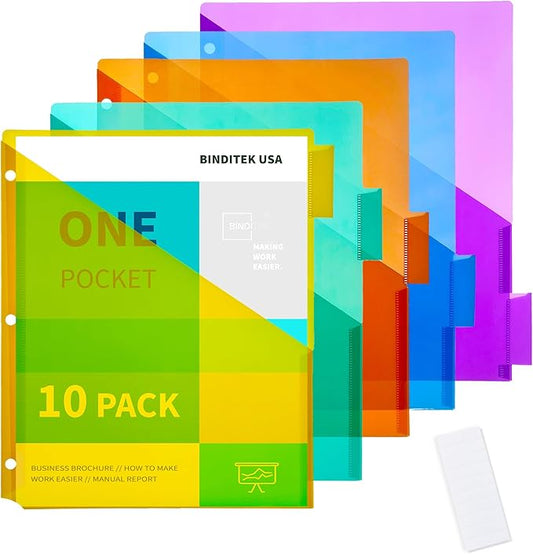Binditek 10 Pack Plastic Dividers with Front Pocket, 5-Tab Insertable Poly Pocket Dividers for 3 Ring Binders, Letter Size, Multicolor, 2 Set, for Students and Coworkers