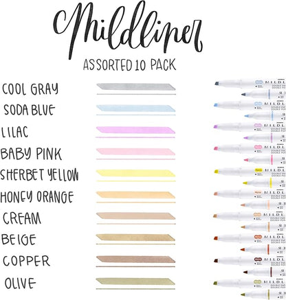 Zebra Pen Mildliner Double-Ended Highlighter Set, Chisel and Bullet Point Tips, No Bleed Bible Assorted Neutral and Gentle Ink Colors, 10-Pack, Model Number: 78701