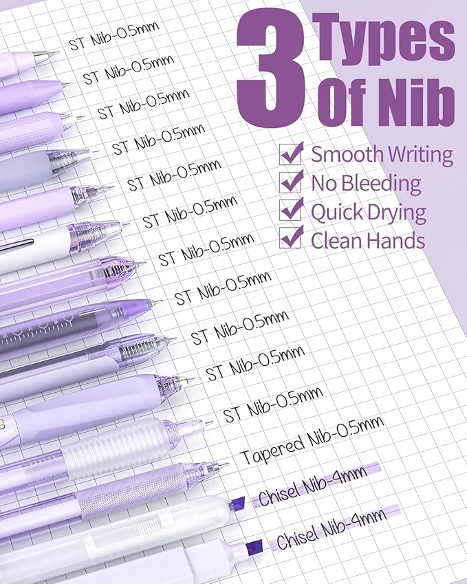 Four Candies 14Pack Pastel Gel Ink Pen Set,Cute Retractable 0.5mm Fine Point Pen,Note Taking Aesthetic Pens,12 Pack Black Ink Pens with 2Pcs Highlighter, Smooth Writing Pens for School, Office(Purple)