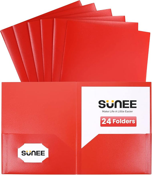 SUNEE 2 Pocket Folders (24 Pack, Red) Heavy-Duty Plastic Folders with Pockets, Fit 8.5x11 Letter Size Paper, 2-Pocket File Folders for Kids, Home, School, Office