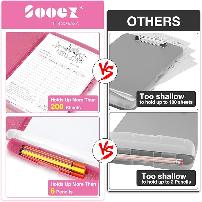 Sooez Glitter Clipboard with Storage, High Capacity Storage Clipboard with Pen Holder, Cute Clip Boards 8.5x11 with Low Profile Clip, Sparkle Plastic Clipboard Case Box for Women & Kids, Side Opening