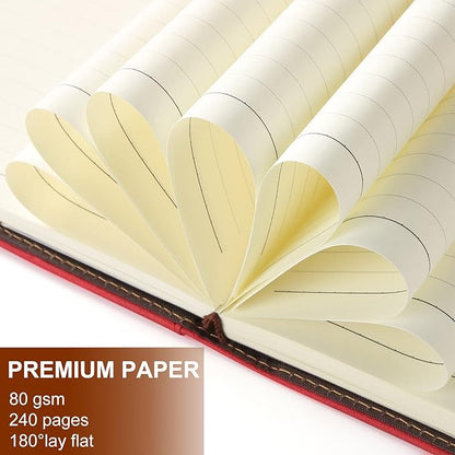 A5 Lined Leather Journal with Pen, 240 Pages Refillable Hardcover Notebook with Pocket and Magnetic Buckle, 80gsm Thick Daily Diary for Men and Women, Great Gift for Business School Travel Personal - Red
