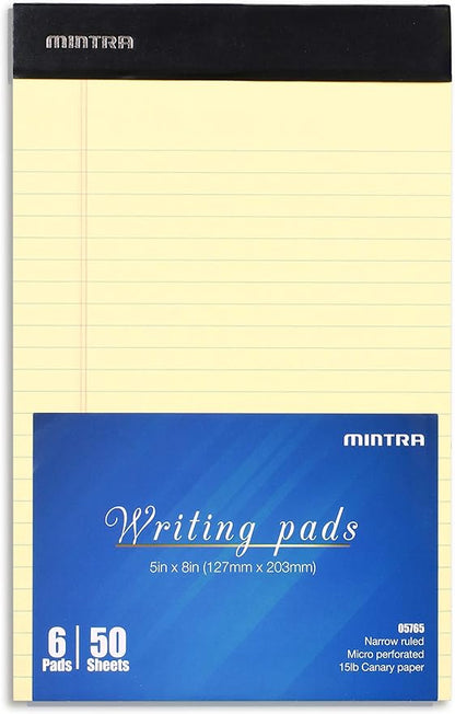Mintra Office Legal Pads, ((xPremium, 5in x 8in, Narrow (Canary), 36pk (6-6pks)), Narrow Ruled, 50 Sheets per Notepad, Micro perforated Writing Pad, Notebook Paper for School, College, Office, Work