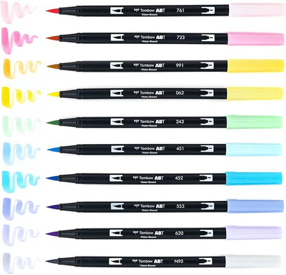 Tombow 56187 Dual Brush Pen Art Markers, Pastel, 10-Pack. Blendable, Brush and Fine Tip Markers