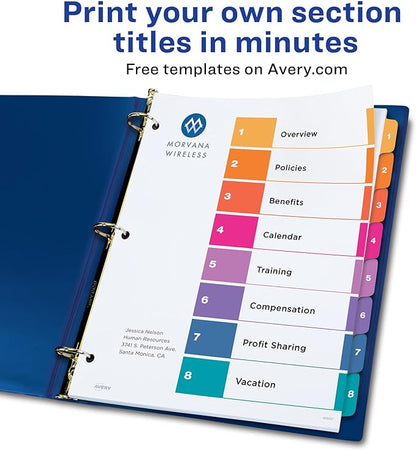 Avery 8 Tab Dividers for 3 Ring Binders, Customizable Table of Contents, Multicolor Tabs, 1 Set (11133)