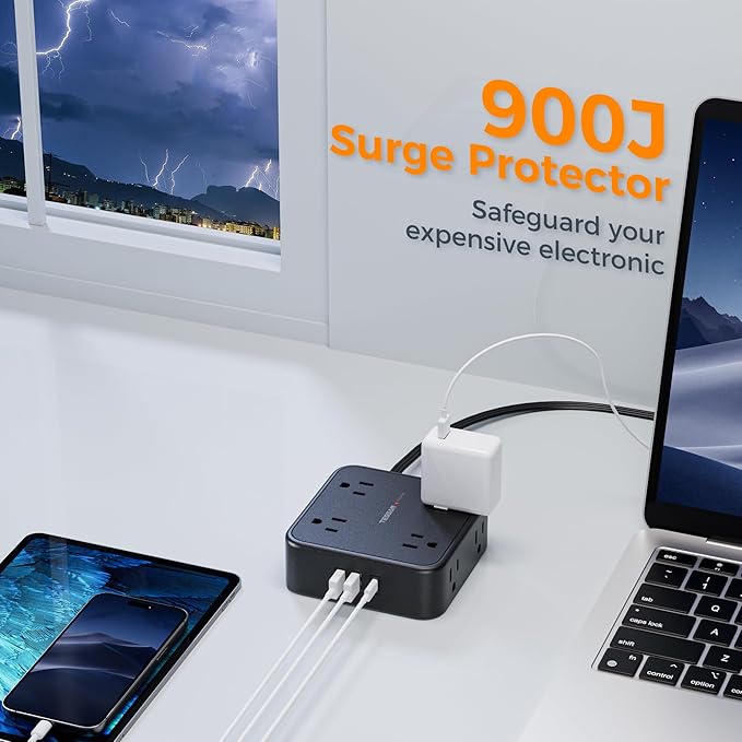 Surge Protector Flat Plug Power Strip, Black Extension Cord, 8 AC Outlets, 3 USB Charger(1 USB C Port) 3 Side Outlet Extender, 5 Ft, 900 Joules Protection, Office Supplies, Dorm Room Essentials