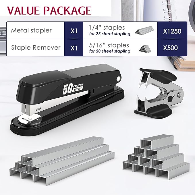 Metal Stapler Heavy Duty 50 Sheet Capacity with 1750 Staples and Staple Remover, Full Strip Staplers for Desk, No Jam, Non-Slip Office Stapler with Staples for Office & Classroom, Black
