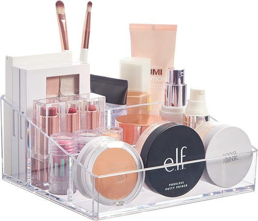 STORi Clear Plastic Vanity Makeup Organizer | Compact Rectangular 4-Compartment Holder for Brushes, Eyeshadow Palettes, & Beauty Supplies | Made in USA