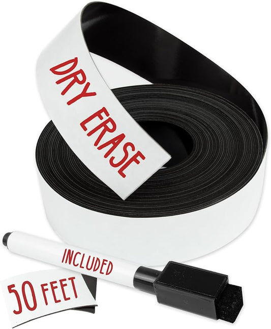 X-bet MAGNET Dry Erase Magnetic Strips 50 feet x 1inch x Total Thickness 0.5mm+Marker+1 Dry Erase Marker