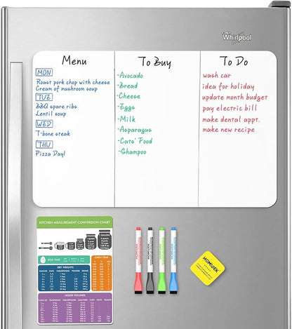 Magnetic Dry Erase Board: Small Fridge Whiteboard, Flexible Refrigerator Magnet White Board, Blank Writing Note Sheet with Kitchen Conversion Chart Magnet, 4 Markers & Eraser - 20 x 13