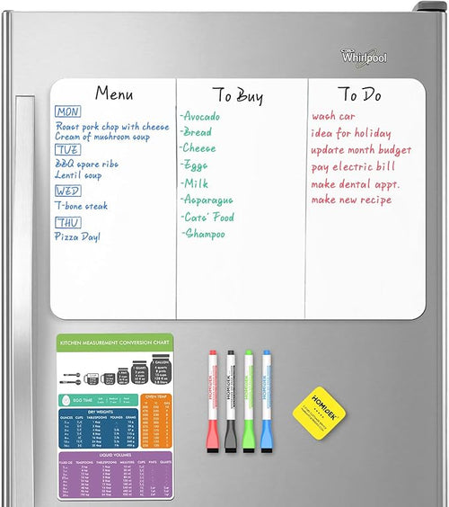 Magnetic Dry Erase Board: Small Fridge Whiteboard, Flexible Refrigerator Magnet White Board, Blank Writing Note Sheet with Kitchen Conversion Chart Magnet, 4 Markers & Eraser - 20 x 13