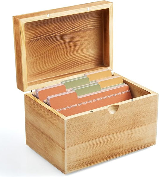 DRASTAR Wooden Index Card Organizer, 3x5 Index Card Box with 45 Dividers, Flashcard Notecard Holders for Home Office, Brown