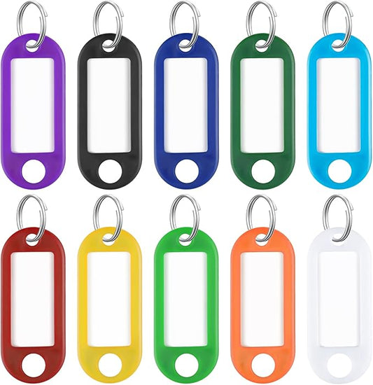 Uniclife 2 Inch Tough Plastic Key Tags in 10 Assorted Colors Item Identifiers Markers with Blank Paper Labels Protective Plastic Films and Split Rings, 100 Pack
