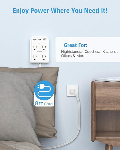Flat Plug Outlet Extender with 3 USB Wall Plug(1 Type C), 4 AC Socket Wall Adapter, Electrical Outlet Extender, Power Strip Surge Protection with 8 ft Thin Extension Cord. White