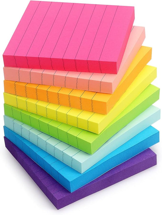 Eastern Wolf 8 Pads Lined Sticky Notes 3x3 Sticky Notes with Lines Self-Stick Note Pads 8 Bright Multi Colors, 85 Sheets/Pad