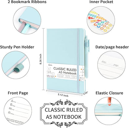feela 3 Pack Notebooks Journals Bulk, Hardcover Notebook Classic Ruled Lined Journals with Pen Holder for Women Girls School Business Supplies, with 3 Black Pens, 120 GSM, 5.1”x8.3”, A5, Sky Blue