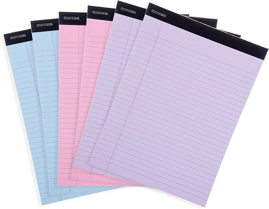 Mintra Office Legal Pads - ((BASIC PASTEL 6pk, 8.5in x 11in, WIDE RULED)) - 50 Sheets per Notepad, Micro perforated, Pastel Writing Pad, Notebook Paper for School, College, Office, Business - Pink, Blue, Purple