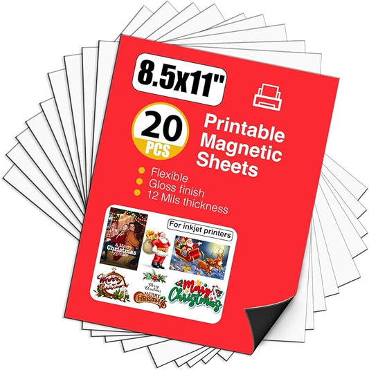 20 Sheets Printable Magnetic Paper Non Adhesive,12 mils Thick Glossy Flexible Magnetic Printer Paper for Holiday Decor Photo, Magnet Paper for Inkjet Printer in Office,