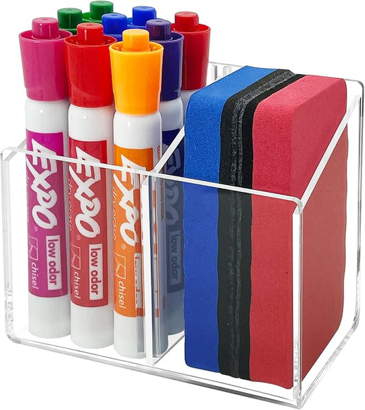 Magnetic Dry Erase Marker Holder, Acrylic Magnetic Pen Holder for Fridge, Magnetic Marker Holder for Whiteboard, 2 Compartments Whiteboard Marker Holder for Office, Home, Locker(Clear)