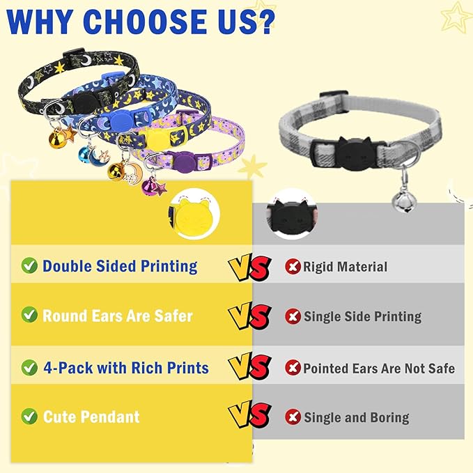 SCENEREAL Cute Cat Collar with Bell Breakaway, 4 Pack Star and Moon Pendant Spring Pet Collar for Girl Boy Cats, Adjustable Safety Black Kitten Puppy Collars Size 8-12"