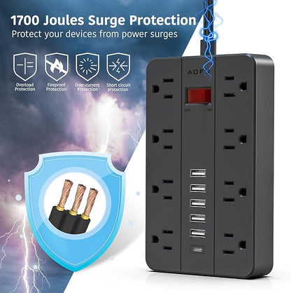 Surge Protector Flat Extension Cord Flat Plug Power Strip, AOFO 8 Widely Spaced Outlets and 6 USB Charger(1 USB C Port), 5 Ft, for Travel, Office, School, Dorm Room Essentials, Black