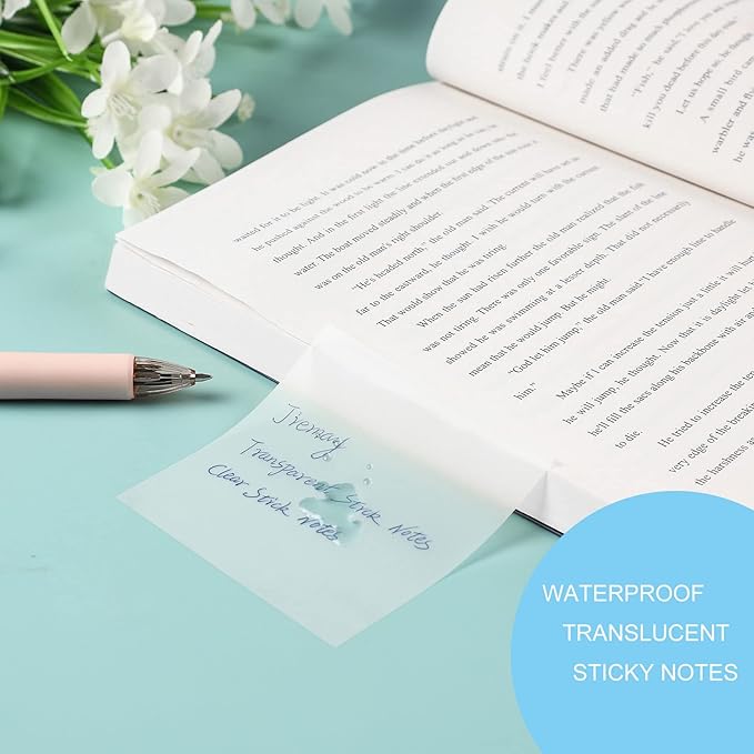 600 Pcs Transparent Sticky Notes Pad, 12 Packs Clear Sticky Notes for Books Message Reminder, Waterproof self-Adhesive Translucent Sticky Notes 3x2 Inch