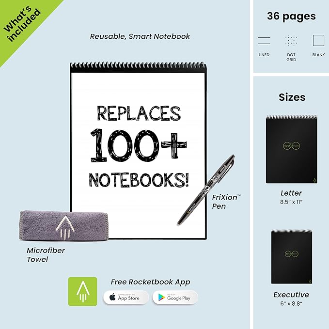 Rocketbook Flip - with 1 Pilot Frixion Pen & 1 Microfiber Cloth Included - Dark Blue Cover, Letter Size (8.5" x 11")