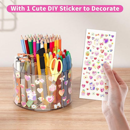 Acrylic Pencil Organizer for Desk 4 Compartments with Adhesive DIY Sticker, Rotating Art Supply Organizer with Kawaii Sticker Kids, Spinning Round Marker Organizer Small Supply Organizers Caddy