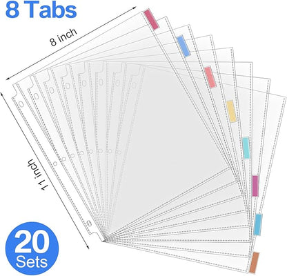 ReliThick 12 Set of 96 Pack Clear Binder Sheet Protectors with 8 Tabs Sturdy Binder Sheet Protectors for 3 Ring Plastic Page Insertable Index Divider, 8.5 x 11 Inch