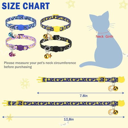 SCENEREAL Cute Cat Collar with Bell Breakaway, 4 Pack Star and Moon Pendant Spring Pet Collar for Girl Boy Cats, Adjustable Safety Black Kitten Puppy Collars Size 8-12"
