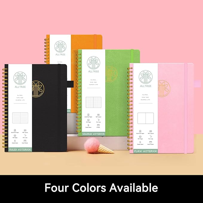 Alltree Lined Journal Notebook, Hardcover Spiral Notebook for Work, Hardcover Spiral Notebook with Tabs, Pen Loop, Pocket, Stickers, 160 Pages, Journal for Women & Men, Pink(6"x8.5")
