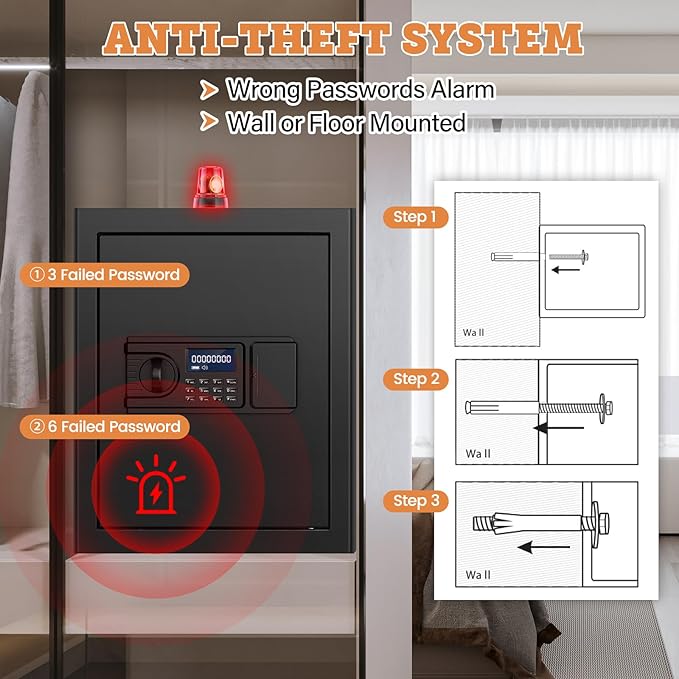 2.8 Cuft Home Safe Box with Fireproof Waterproof Bag, Large Security Digital Document Safes with LCD Keypad Keys, Anti-Theft Alert, Hidden Code Mode, Personal Combination Money Safe For Jewelry Office